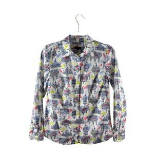 Talbots Birdcage Novelty Print Collared Casual Cotton Button Up Shirt XS White